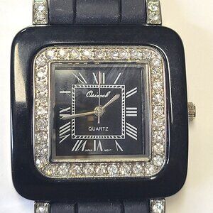 OSIROCK Black Quartz Wrist Watch Rhinestone Square Adjustable Silicone Band